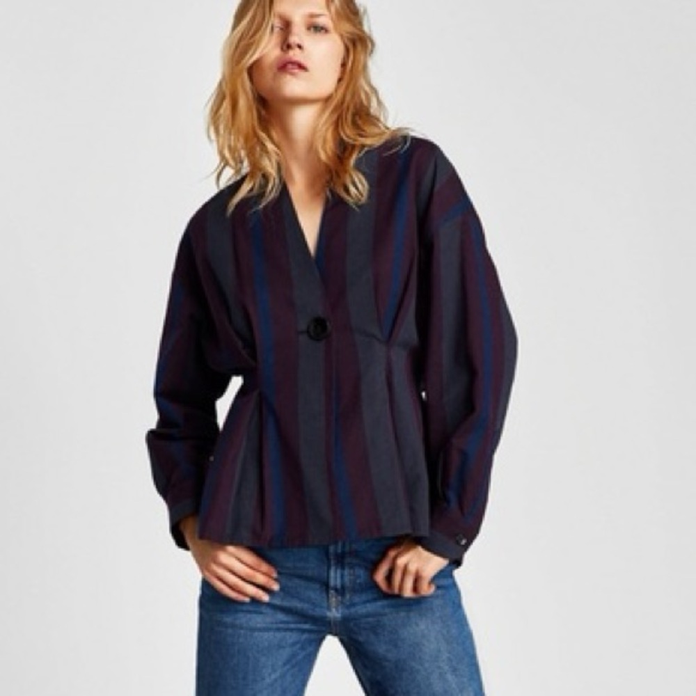 Zara Woman Striped Cotton Blazer Jacket